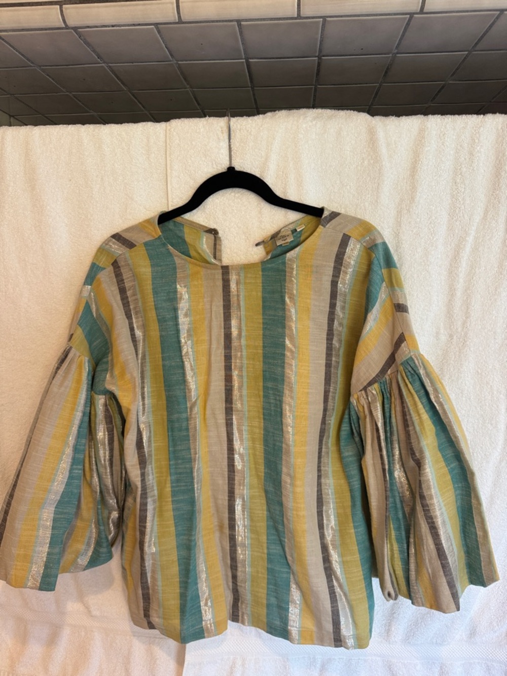 Anthropologie Striped Bell Sleeve Top in Teal, Yellow & Gray